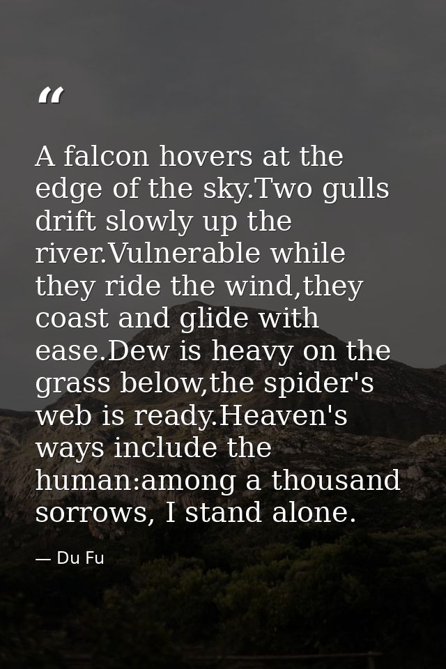 A falcon hovers at the edge of the sky.Two gulls drift slowly up the river.Vulnerable while they ride the wind,they coas — Du Fu