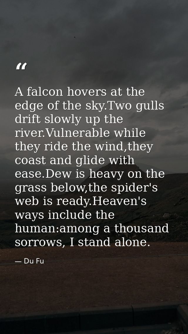 A falcon hovers at the edge of the sky.Two gulls drift slowly up the river.Vulnerable while they ride the wind,they coas — Du Fu