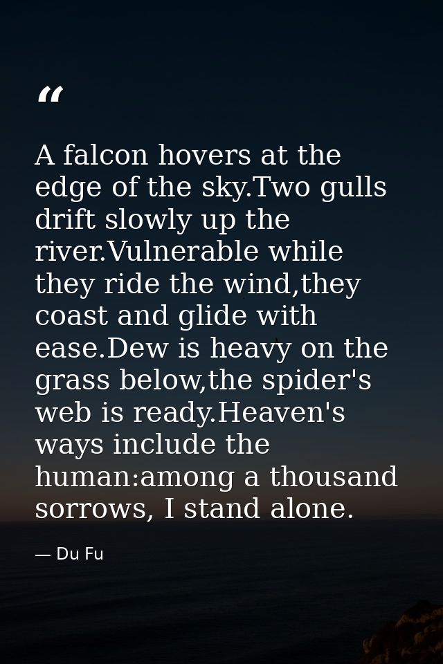 A falcon hovers at the edge of the sky.Two gulls drift slowly up the river.Vulnerable while they ride the wind,they coas — Du Fu
