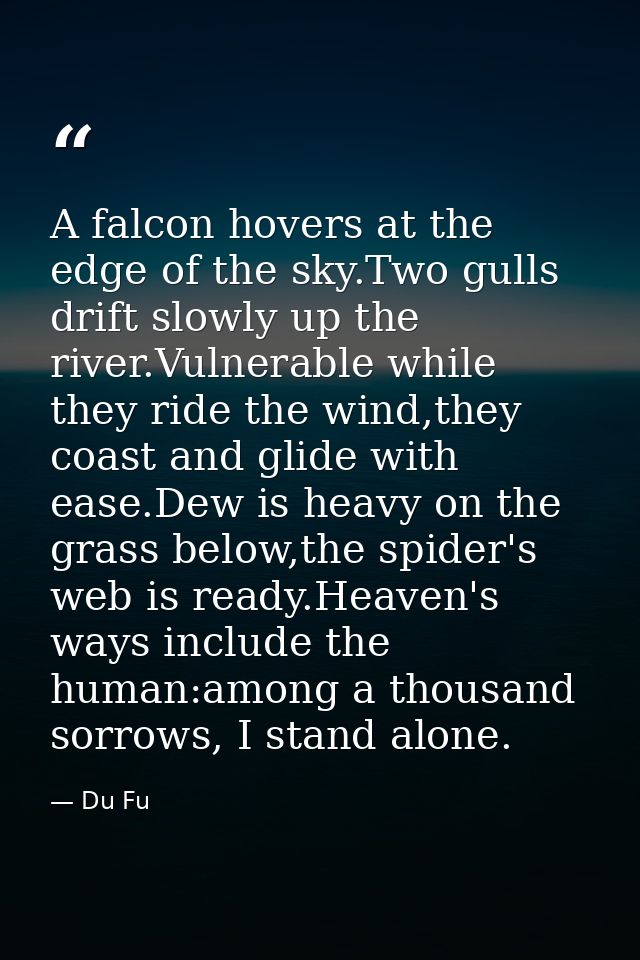 A falcon hovers at the edge of the sky.Two gulls drift slowly up the river.Vulnerable while they ride the wind,they coas — Du Fu