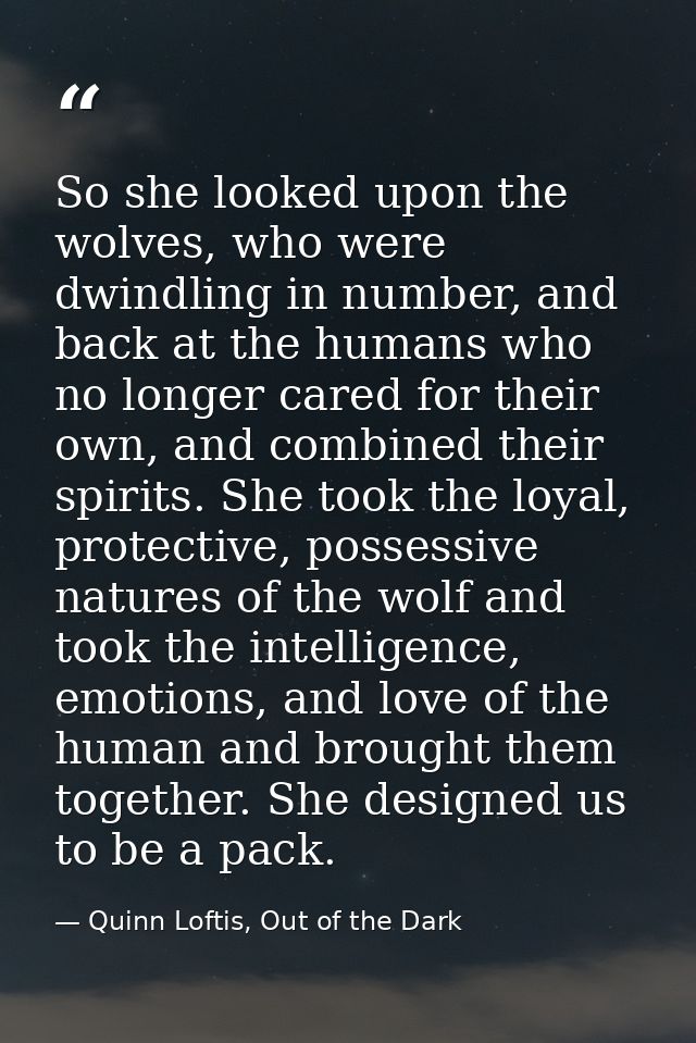 So she looked upon the wolves, who were dwindling in number, and back at the humans who no longer cared for their own, a — Quinn Loftis, Out of the Dark