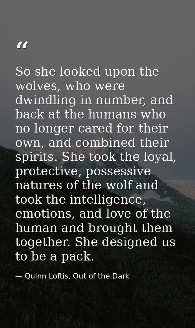 So she looked upon the wolves, who were dwindling in number, and back at the humans who no longer cared for their own, a — Quinn Loftis, Out of the Dark