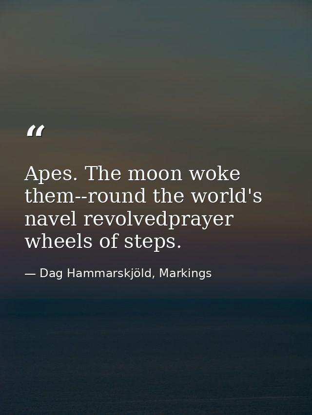 Apes. The moon woke them--round the world's navel revolvedprayer wheels of steps. — Dag Hammarskjöld, Markings