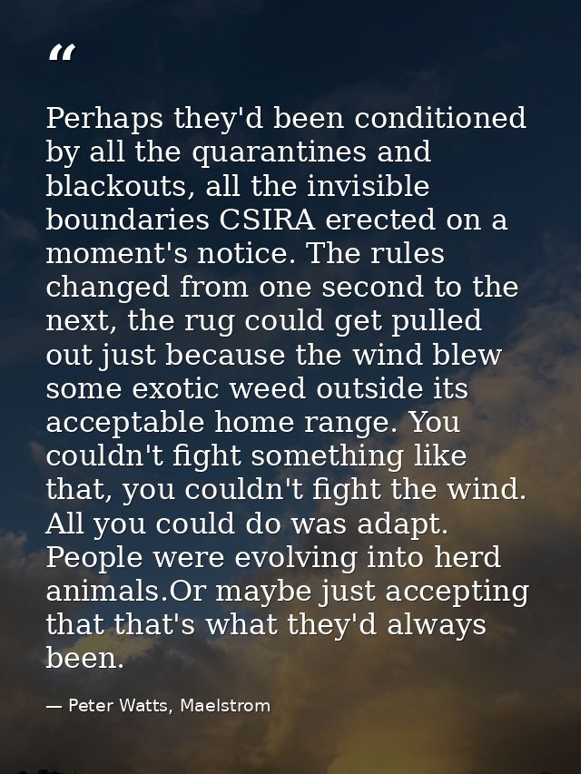 Perhaps they'd been conditioned by all the quarantines and blackouts, all the invisible boundaries CSIRA erected on a mo — Peter Watts, Maelstrom