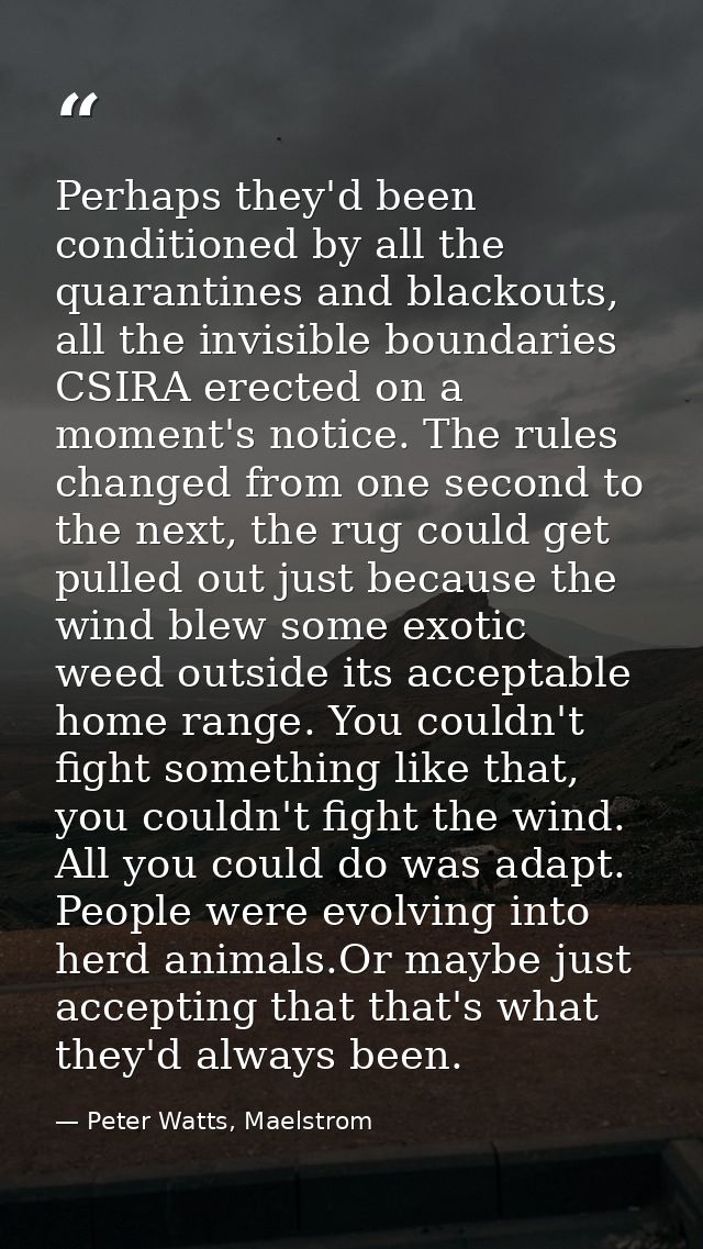 Perhaps they'd been conditioned by all the quarantines and blackouts, all the invisible boundaries CSIRA erected on a mo — Peter Watts, Maelstrom