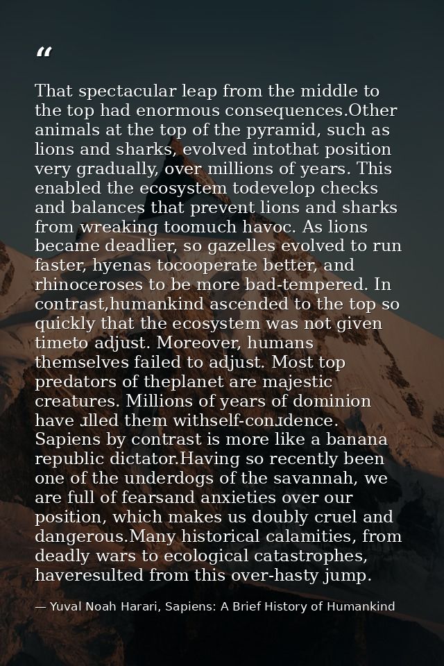 That spectacular leap from the middle to the top had enormous consequences.Other animals at the top of the pyramid, such — Yuval Noah Harari, Sapiens: A Brief History of Humankind