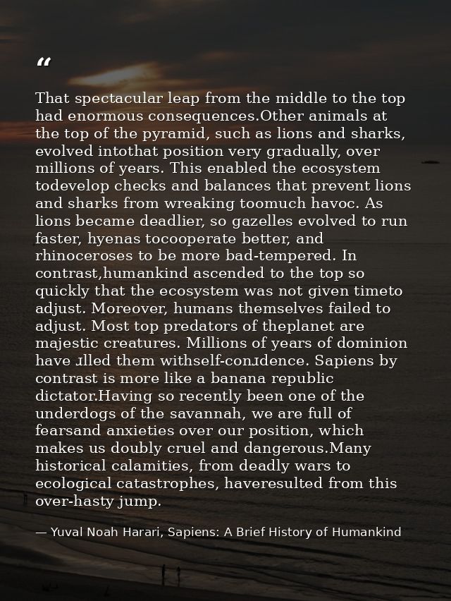 That spectacular leap from the middle to the top had enormous consequences.Other animals at the top of the pyramid, such — Yuval Noah Harari, Sapiens: A Brief History of Humankind