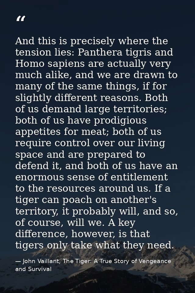 And this is precisely where the tension lies: Panthera tigris and Homo sapiens are actually very much alike, and we are  — John Vaillant, The Tiger: A True Story of Vengeance and Survival