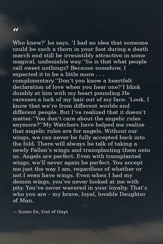Who knew?’ he says. ‘I had no idea that someone could be such a thorn in your foot during a death march and still be irr — Susan Ee, End of Days