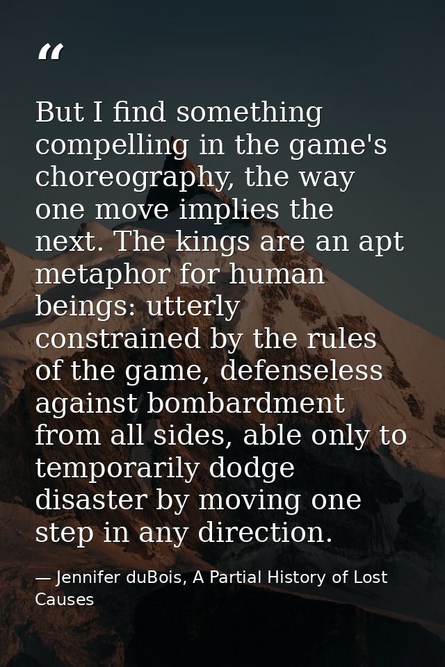 But I find something compelling in the game's choreography, the way one move implies the next. The kings are an apt meta — Jennifer duBois, A Partial History of Lost Causes
