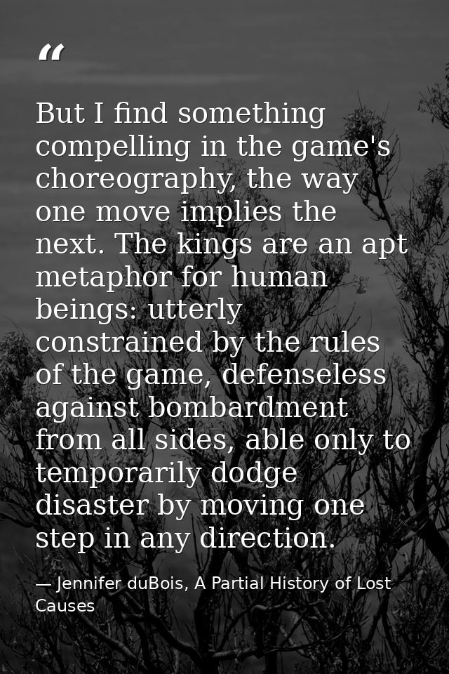 But I find something compelling in the game's choreography, the way one move implies the next. The kings are an apt meta — Jennifer duBois, A Partial History of Lost Causes