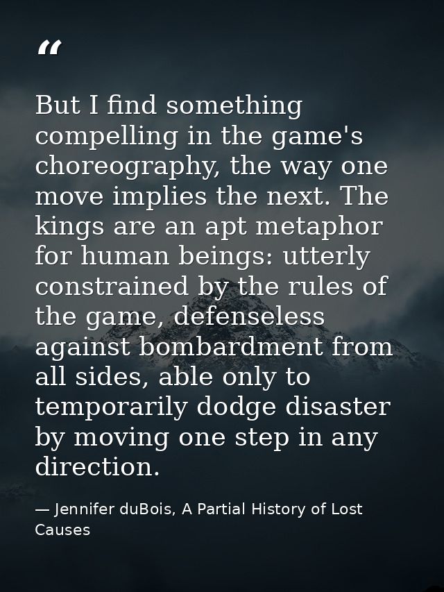 But I find something compelling in the game's choreography, the way one move implies the next. The kings are an apt meta — Jennifer duBois, A Partial History of Lost Causes