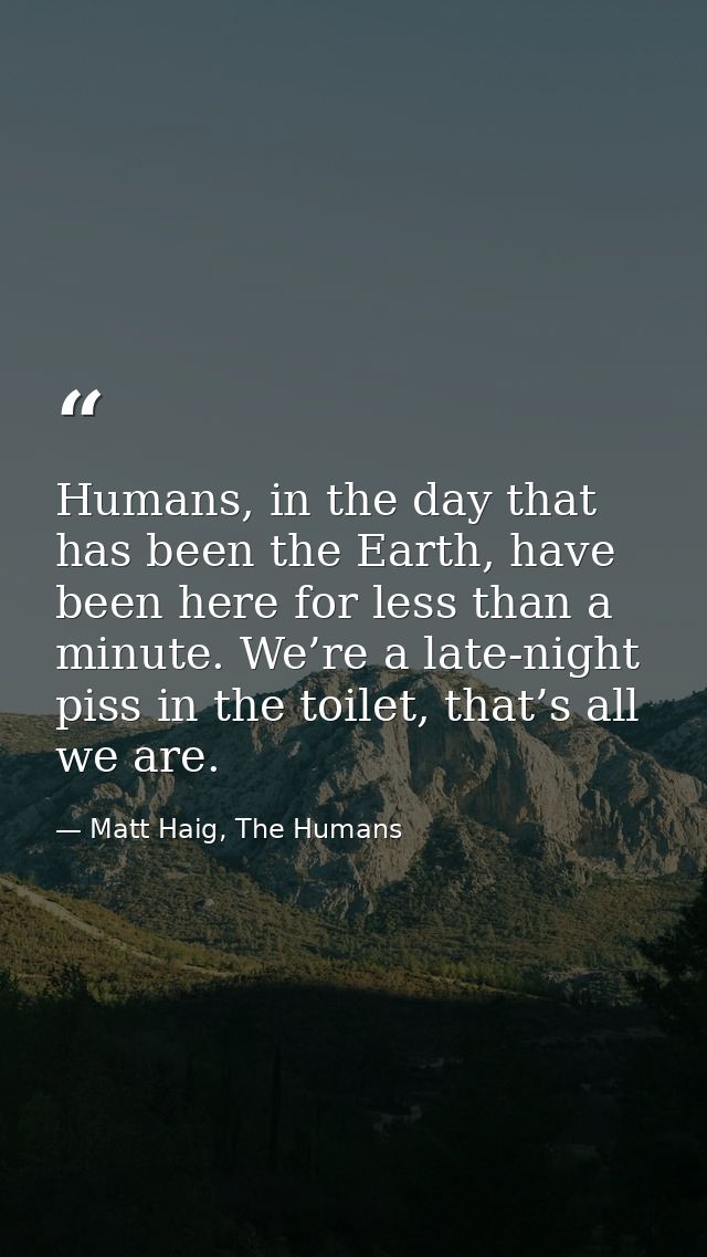 Humans, in the day that has been the Earth, have been here for less than a minute. We’re a late-night piss in the toilet — Matt Haig, The Humans