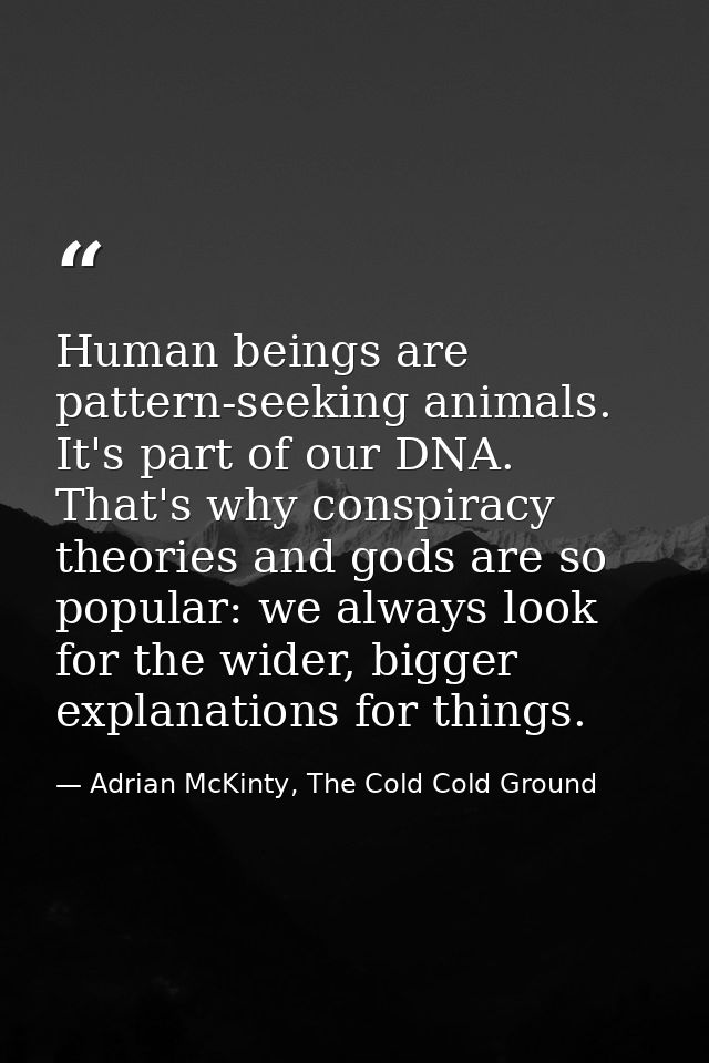 Human beings are pattern-seeking animals. It's part of our DNA. That's why conspiracy theories and gods are so popular:  — Adrian McKinty, The Cold Cold Ground