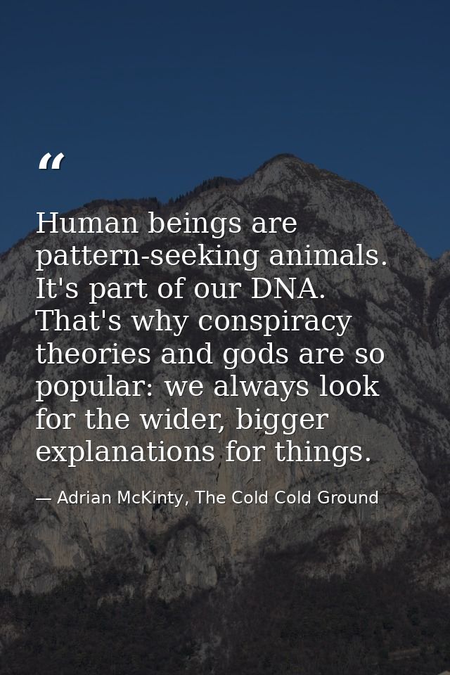 Human beings are pattern-seeking animals. It's part of our DNA. That's why conspiracy theories and gods are so popular:  — Adrian McKinty, The Cold Cold Ground