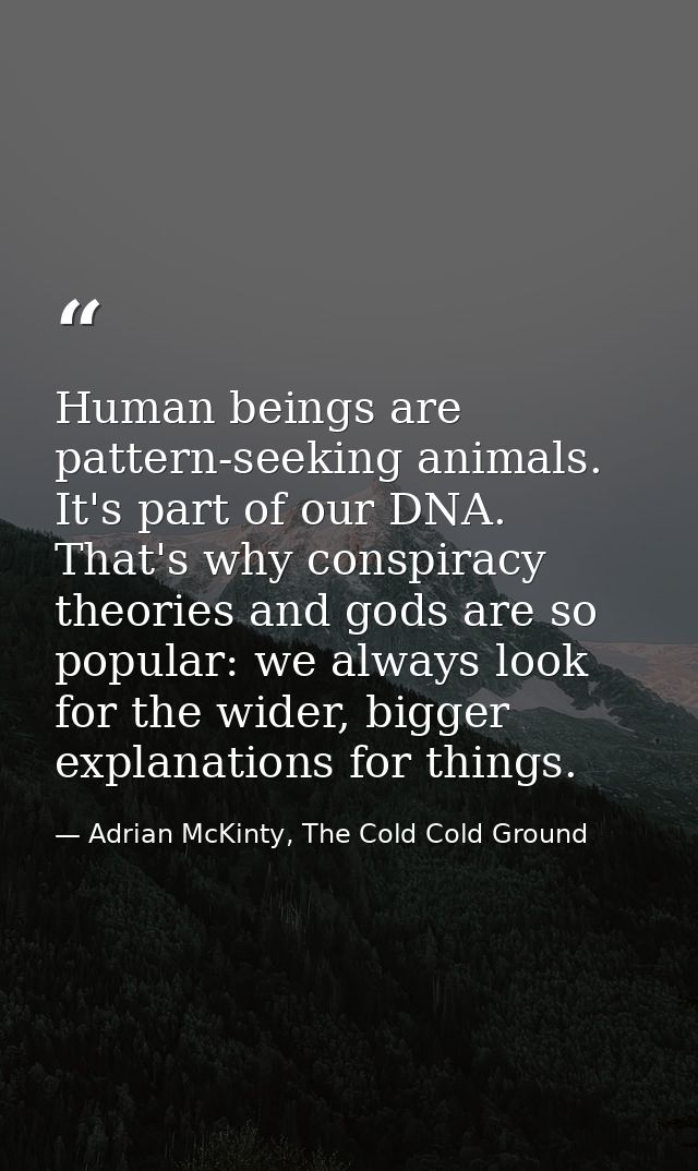 Human beings are pattern-seeking animals. It's part of our DNA. That's why conspiracy theories and gods are so popular:  — Adrian McKinty, The Cold Cold Ground