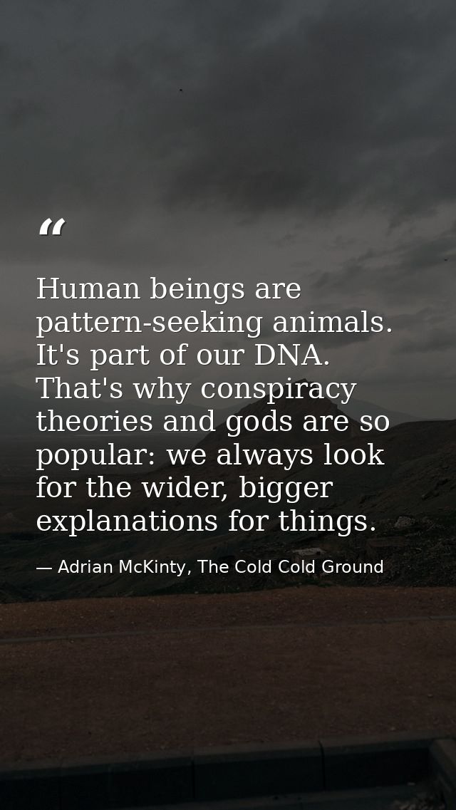 Human beings are pattern-seeking animals. It's part of our DNA. That's why conspiracy theories and gods are so popular:  — Adrian McKinty, The Cold Cold Ground