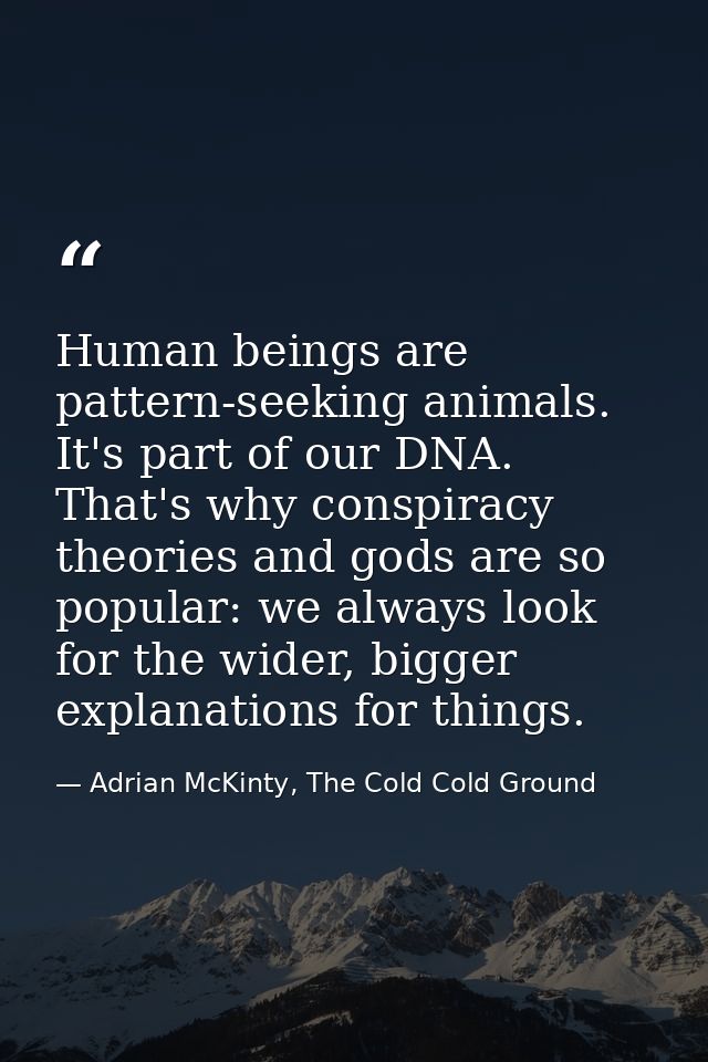 Human beings are pattern-seeking animals. It's part of our DNA. That's why conspiracy theories and gods are so popular:  — Adrian McKinty, The Cold Cold Ground