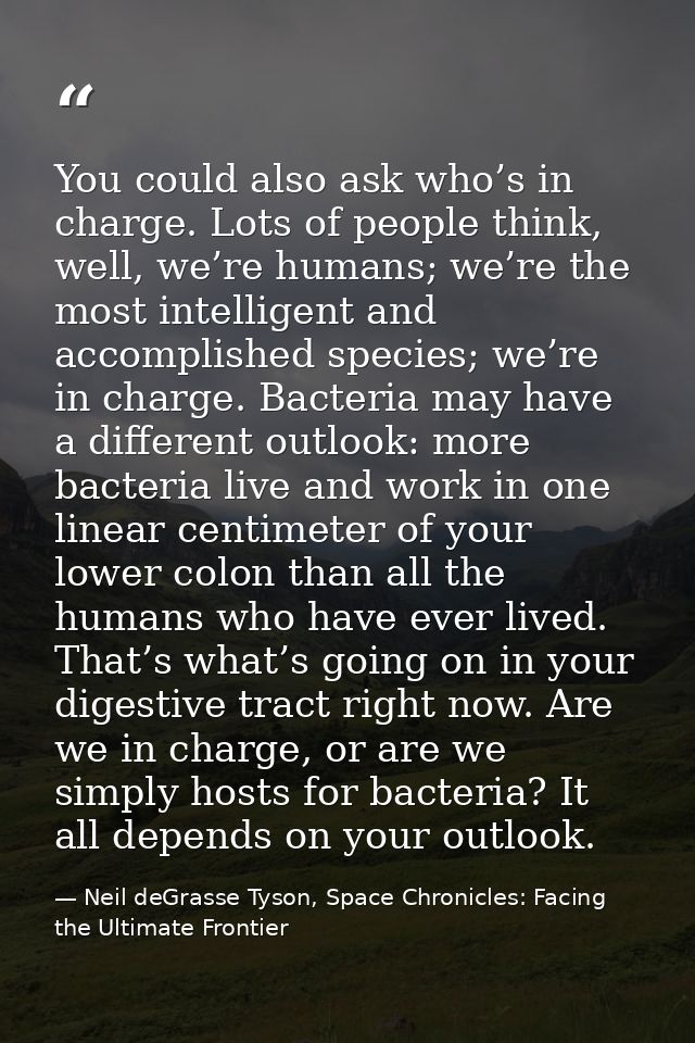 You could also ask who’s in charge. Lots of people think, well, we’re humans; we’re the most intelligent and accomplishe — Neil deGrasse Tyson, Space Chronicles: Facing the Ultimate Frontier