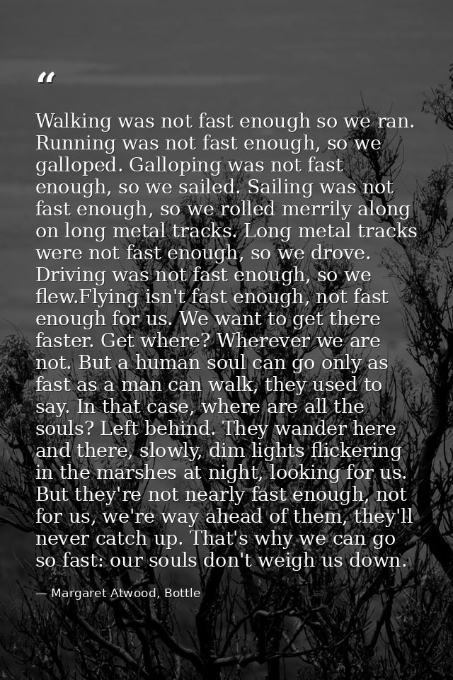 Walking was not fast enough so we ran. Running was not fast enough, so we galloped. Galloping was not fast enough, so we — Margaret Atwood, Bottle