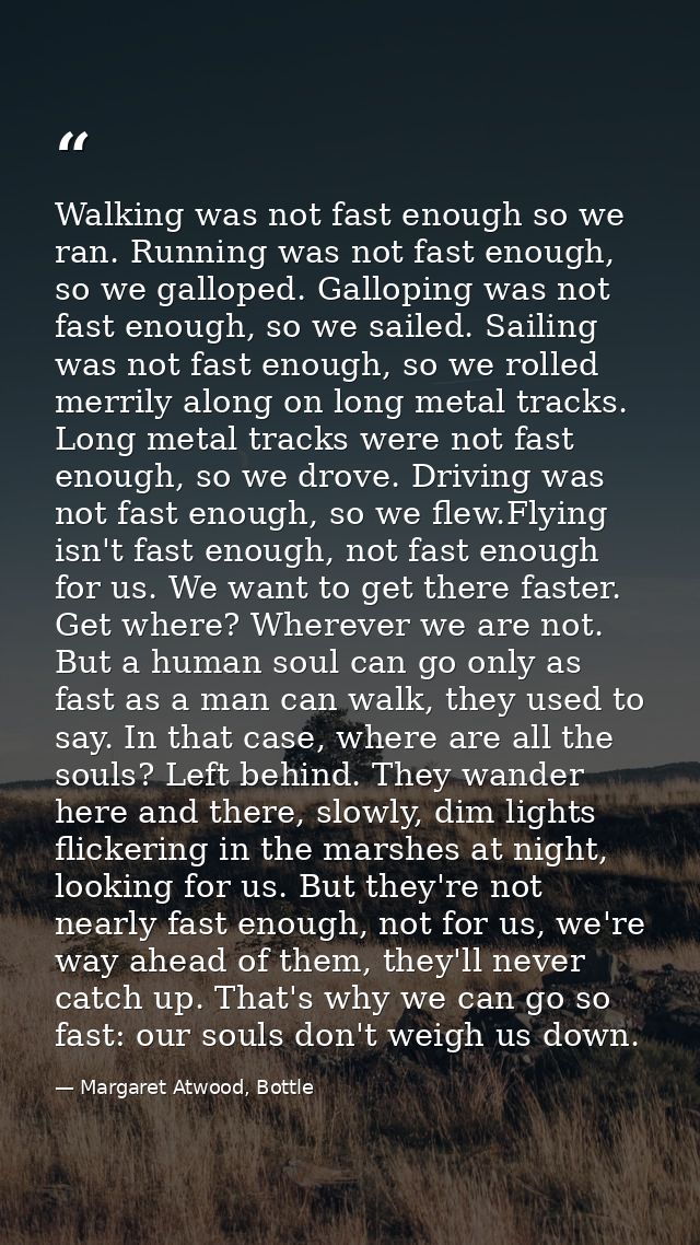 Walking was not fast enough so we ran. Running was not fast enough, so we galloped. Galloping was not fast enough, so we — Margaret Atwood, Bottle