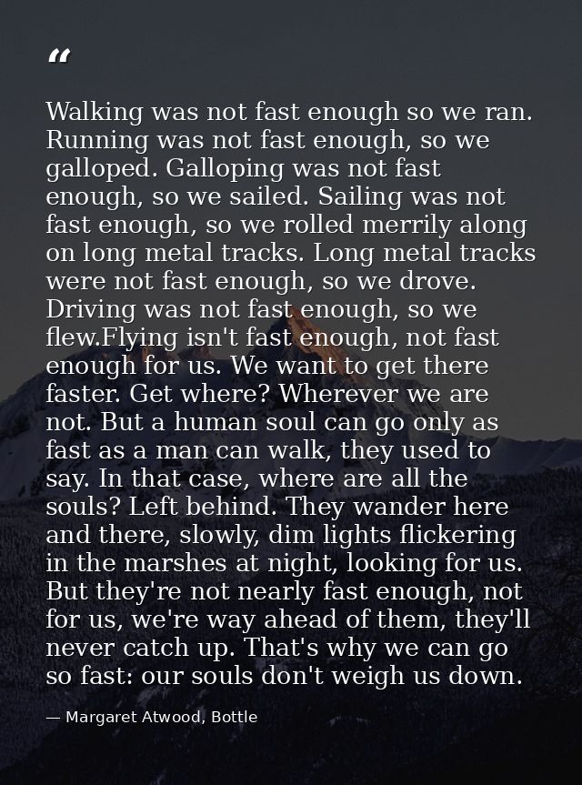 Walking was not fast enough so we ran. Running was not fast enough, so we galloped. Galloping was not fast enough, so we — Margaret Atwood, Bottle
