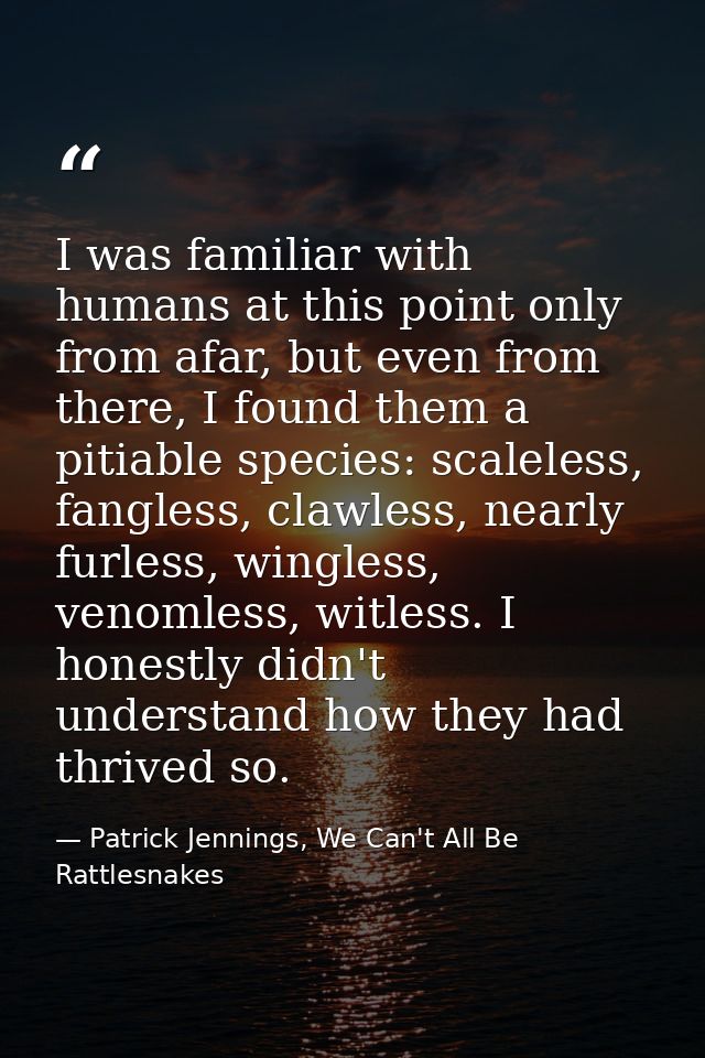 I was familiar with humans at this point only from afar, but even from there, I found them a pitiable species: scaleless — Patrick Jennings, We Can't All Be Rattlesnakes