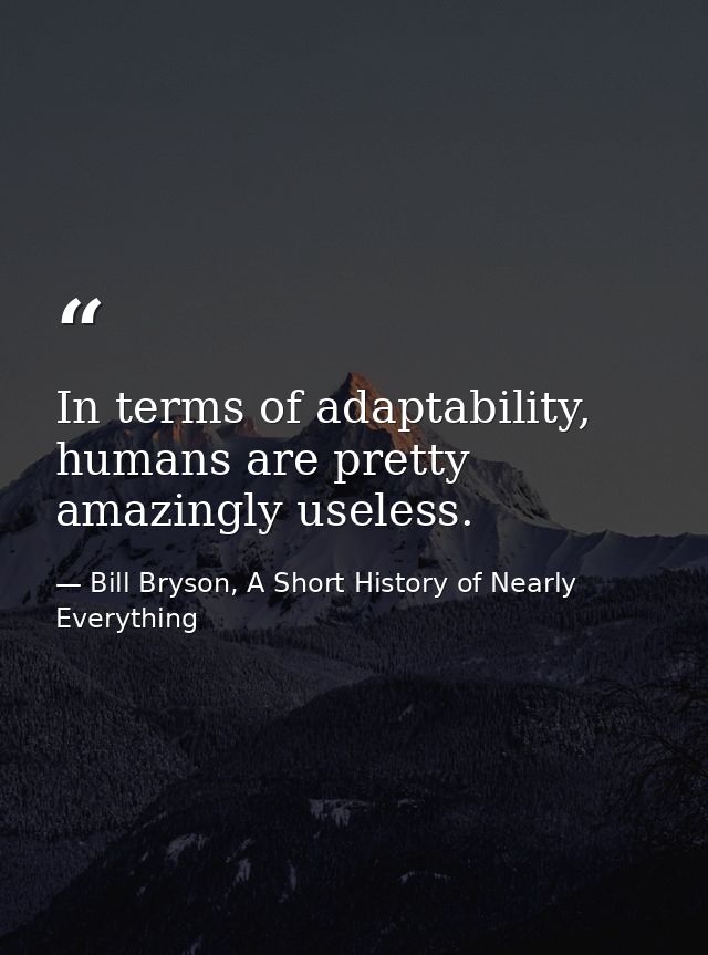 In terms of adaptability, humans are pretty amazingly useless. — Bill Bryson, A Short History of Nearly Everything