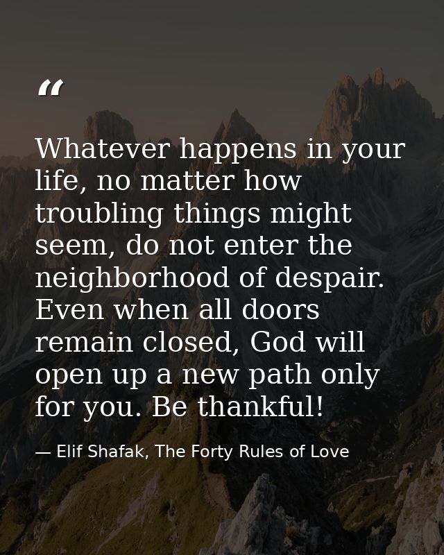 Whatever happens in your life, no matter how troubling things might seem, do not enter the neighborhood of despair. Even — Elif Shafak, The Forty Rules of Love