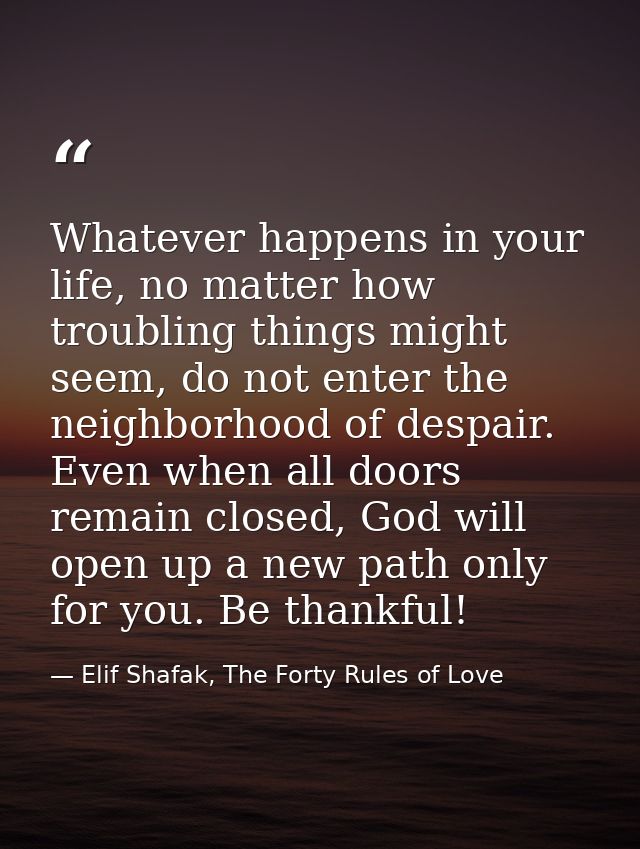 Whatever happens in your life, no matter how troubling things might seem, do not enter the neighborhood of despair. Even — Elif Shafak, The Forty Rules of Love