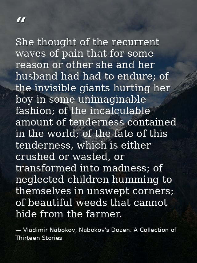 She thought of the recurrent waves of pain that for some reason or other she and her husband had had to endure; of the i — Vladimir Nabokov, Nabokov's Dozen: A Collection of Thirteen Stories‏