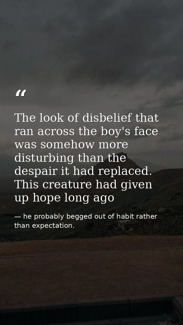The look of disbelief that ran across the boy's face was somehow more disturbing than the despair it had replaced. This  — he probably begged out of habit rather than expectation.