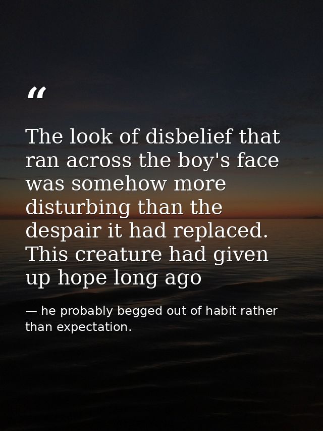 The look of disbelief that ran across the boy's face was somehow more disturbing than the despair it had replaced. This  — he probably begged out of habit rather than expectation.