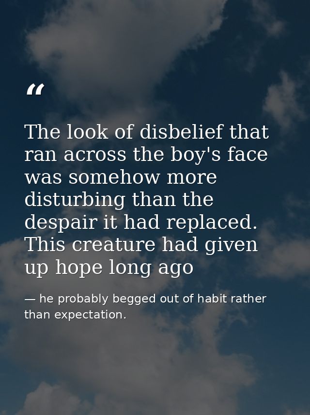 The look of disbelief that ran across the boy's face was somehow more disturbing than the despair it had replaced. This  — he probably begged out of habit rather than expectation.