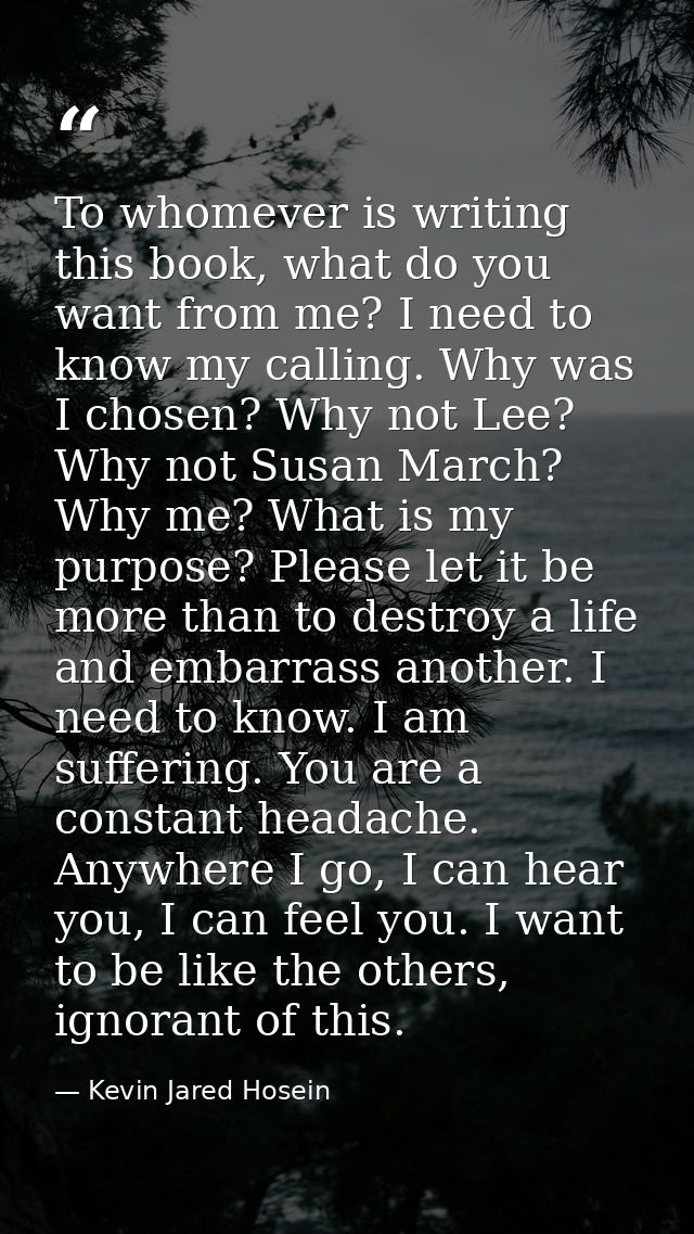 To whomever is writing this book, what do you want from me? I need to know my calling. Why was I chosen? Why not Lee? Wh — Kevin Jared Hosein