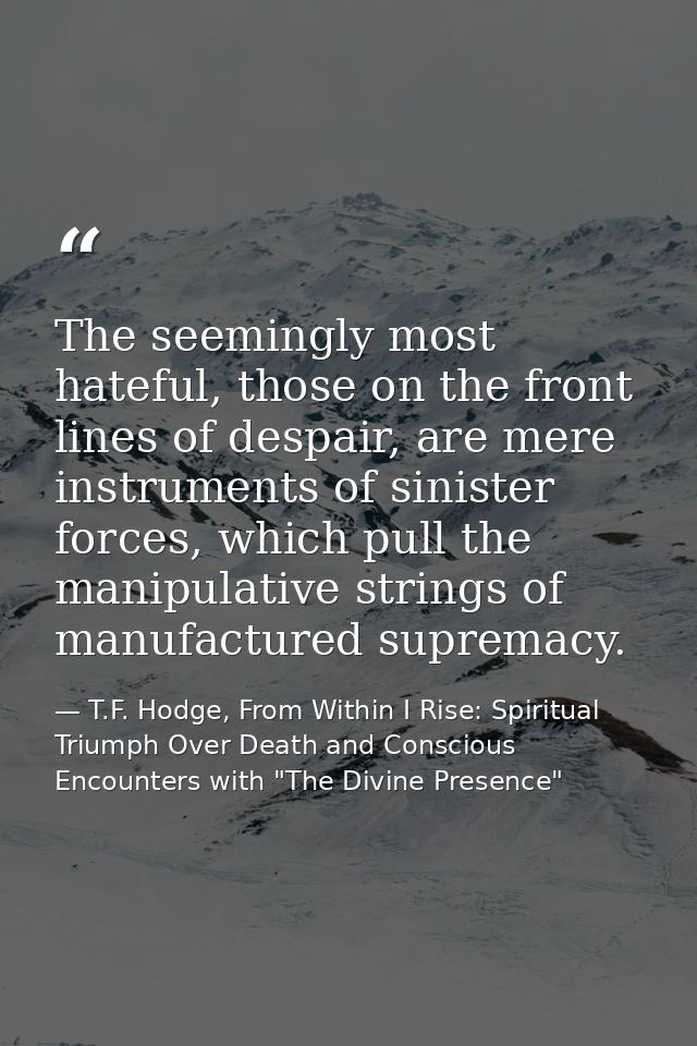 The seemingly most hateful, those on the front lines of despair, are mere instruments of sinister forces, which pull the — T.F. Hodge, From Within I Rise: Spiritual Triumph Over Death and Conscious Encounters with "The Divine Presence"