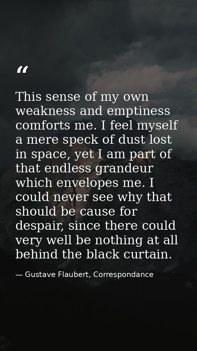 This sense of my own weakness and emptiness comforts me. I feel myself a mere speck of dust lost in space, yet I am part — Gustave Flaubert, Correspondance