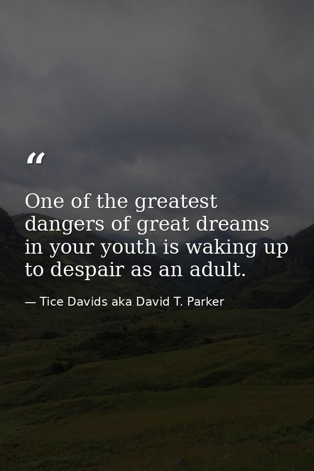 One of the greatest dangers of great dreams in your youth is waking up to despair as an adult. — Tice Davids aka David T. Parker