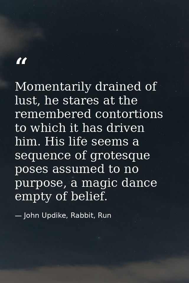 Momentarily drained of lust, he stares at the remembered contortions to which it has driven him. His life seems a sequen — John Updike, Rabbit, Run