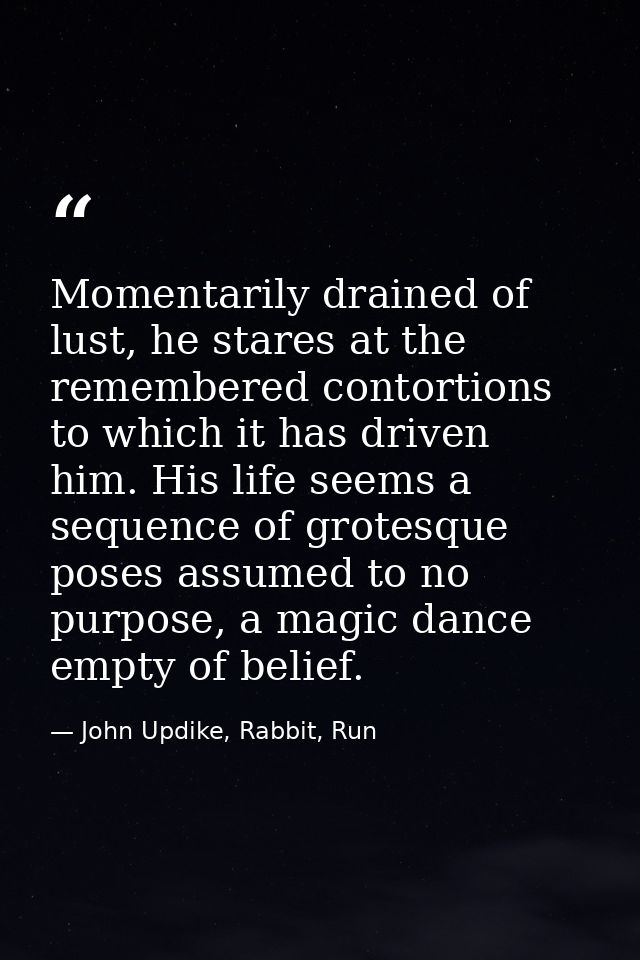 Momentarily drained of lust, he stares at the remembered contortions to which it has driven him. His life seems a sequen — John Updike, Rabbit, Run