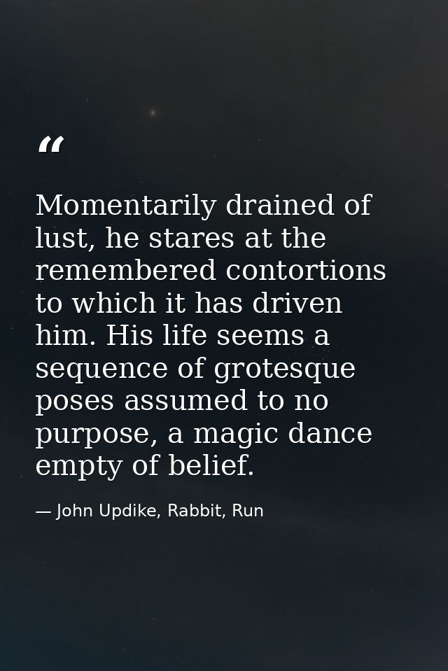 Momentarily drained of lust, he stares at the remembered contortions to which it has driven him. His life seems a sequen — John Updike, Rabbit, Run
