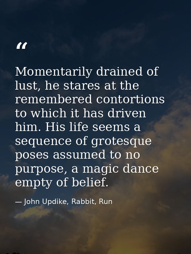 Momentarily drained of lust, he stares at the remembered contortions to which it has driven him. His life seems a sequen — John Updike, Rabbit, Run