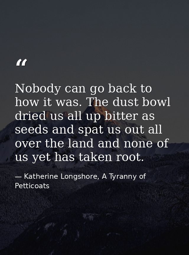 Nobody can go back to how it was. The dust bowl dried us all up bitter as seeds and spat us out all over the land and no — Katherine Longshore, A Tyranny of Petticoats