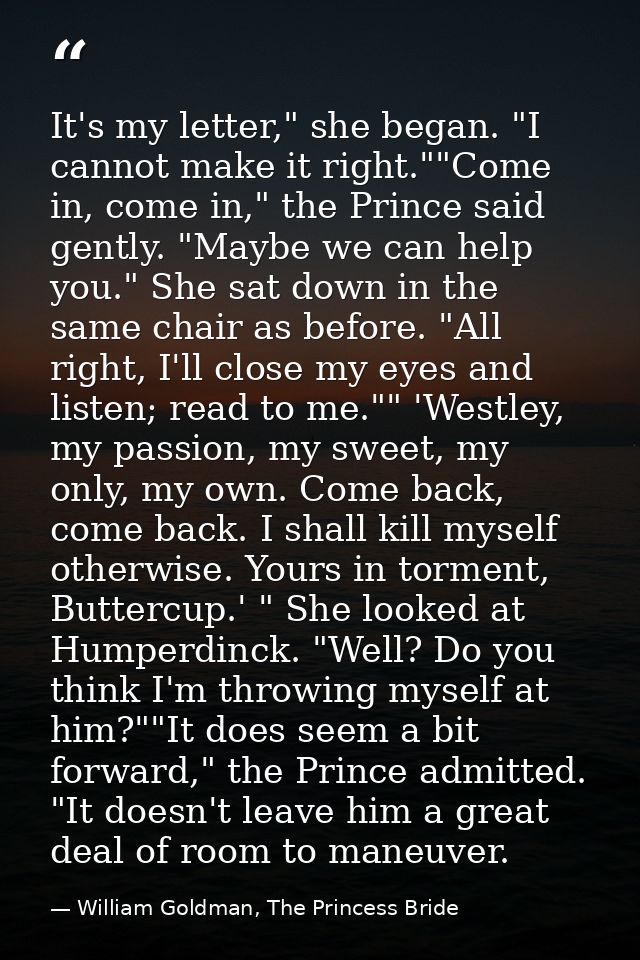 It's my letter," she began. "I cannot make it right.""Come in, come in," the Prince said gently. "Maybe we can help you. — William Goldman, The Princess Bride