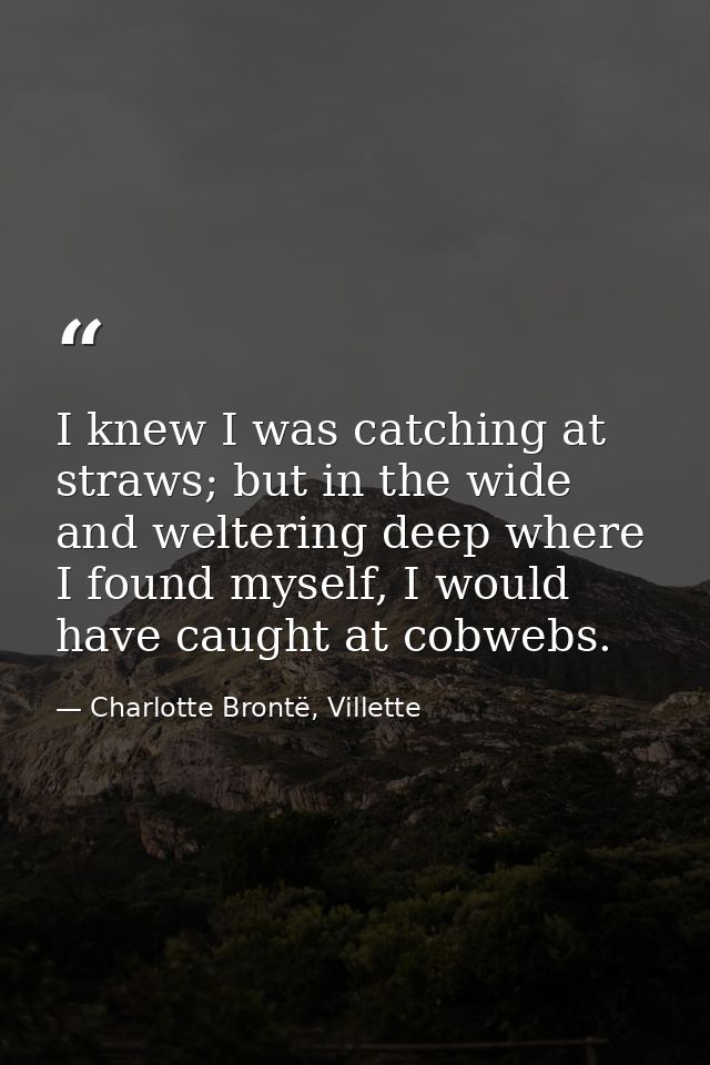 I knew I was catching at straws; but in the wide and weltering deep where I found myself, I would have caught at cobwebs — Charlotte Brontë, Villette