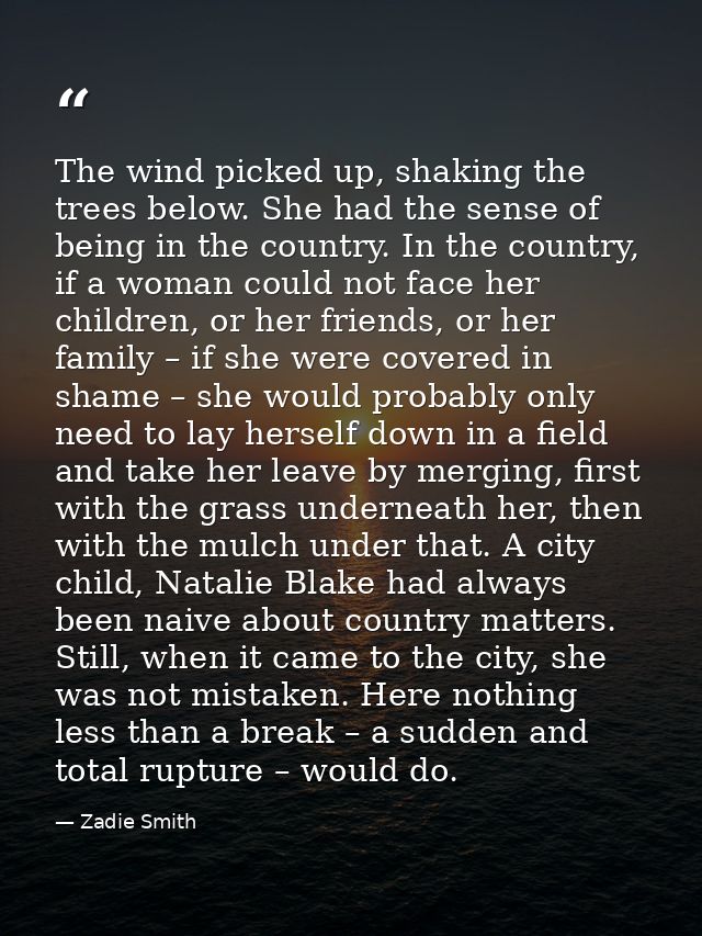 The wind picked up, shaking the trees below. She had the sense of being in the country. In the country, if a woman could — Zadie Smith