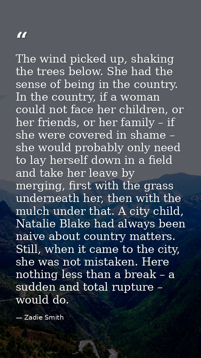 The wind picked up, shaking the trees below. She had the sense of being in the country. In the country, if a woman could — Zadie Smith