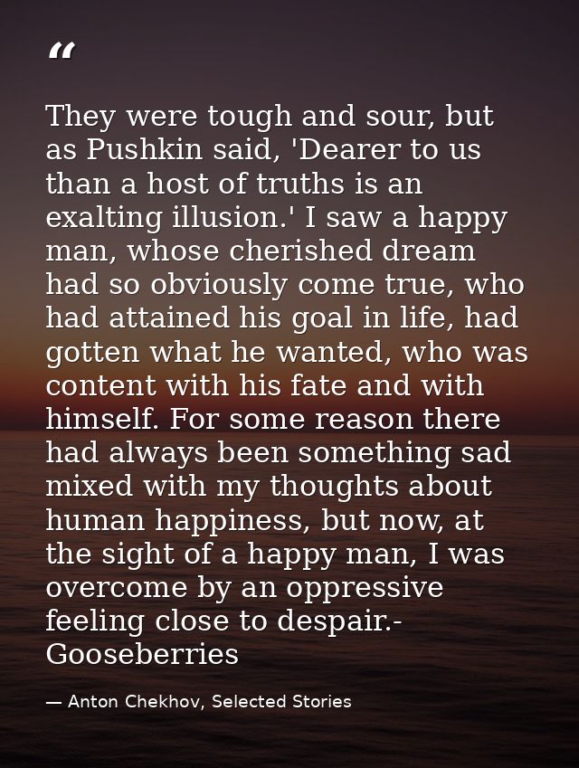 They were tough and sour, but as Pushkin said, 'Dearer to us than a host of truths is an exalting illusion.' I saw a hap — Anton Chekhov, Selected Stories