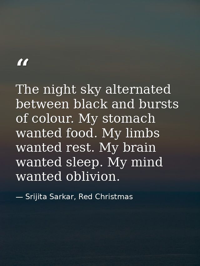 The night sky alternated between black and bursts of colour. My stomach wanted food. My limbs wanted rest. My brain want — Srijita Sarkar, Red Christmas