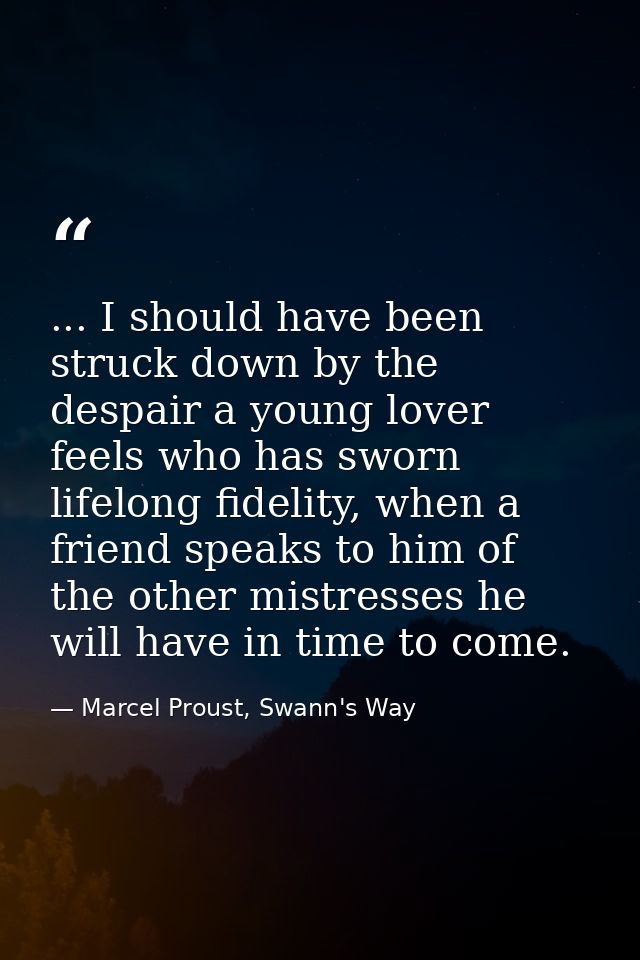 ... I should have been struck down by the despair a young lover feels who has sworn lifelong fidelity, when a friend spe — Marcel Proust, Swann's Way